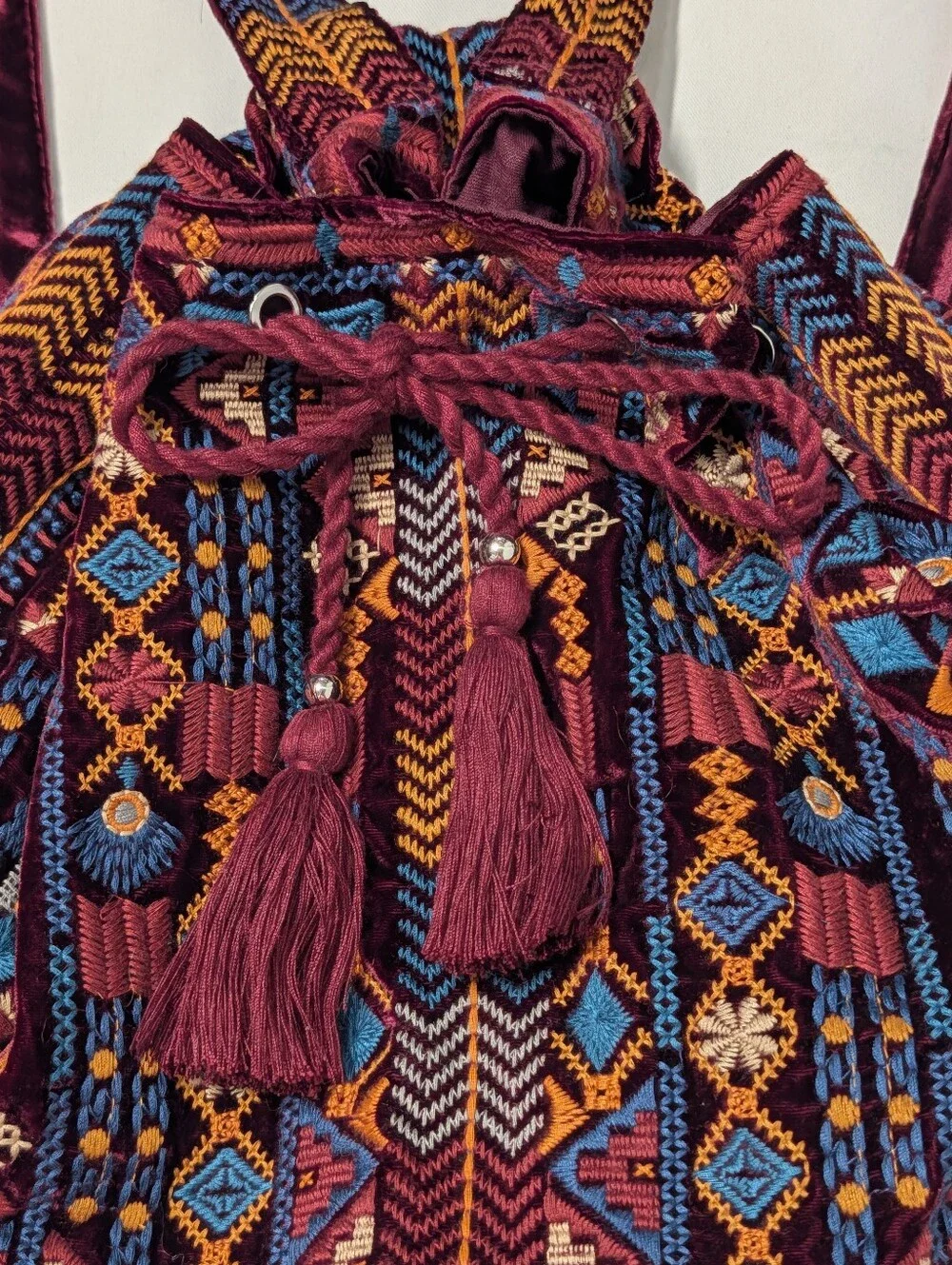 Johnny Was Burgundy Multi Boho Geometric Embroidered Drawstring Backpack Bag